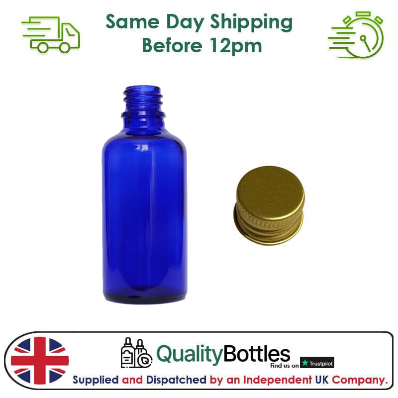 50ml Blue Glass Dropper Bottle with Gold DIN18 Cap - Pack of 12