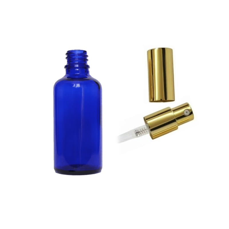 50ml Blue Glass Dropper Bottle with Gold Lotion Pump with Gold Over Cap - Pack of 12