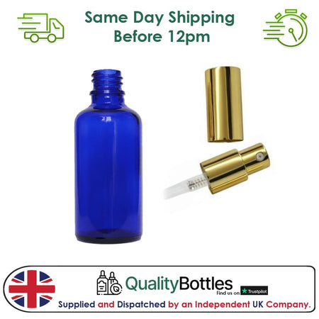 50ml Blue Glass Dropper Bottle with Gold Lotion Pump with Gold Over Cap - Pack of 12