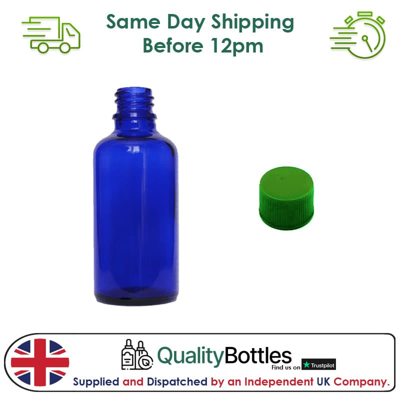 50ml Blue Glass Dropper Bottle with Green PP Wadded Cap DIN 18mm - Pack of 12