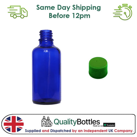 50ml Blue Glass Dropper Bottle with Green PP Wadded Cap DIN 18mm - Pack of 12