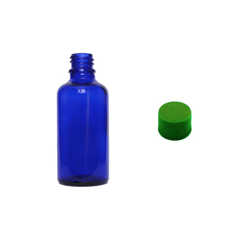 50ml Blue Glass Dropper Bottle with Green PP Wadded Cap DIN 18mm