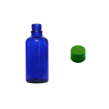 50ml Blue Glass Dropper Bottle with Green PP Wadded Cap DIN 18mm