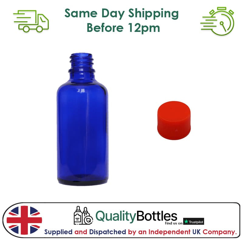 50ml Blue Glass Dropper Bottle with Red PP Wadded Cap DIN 18mm - Pack of 12