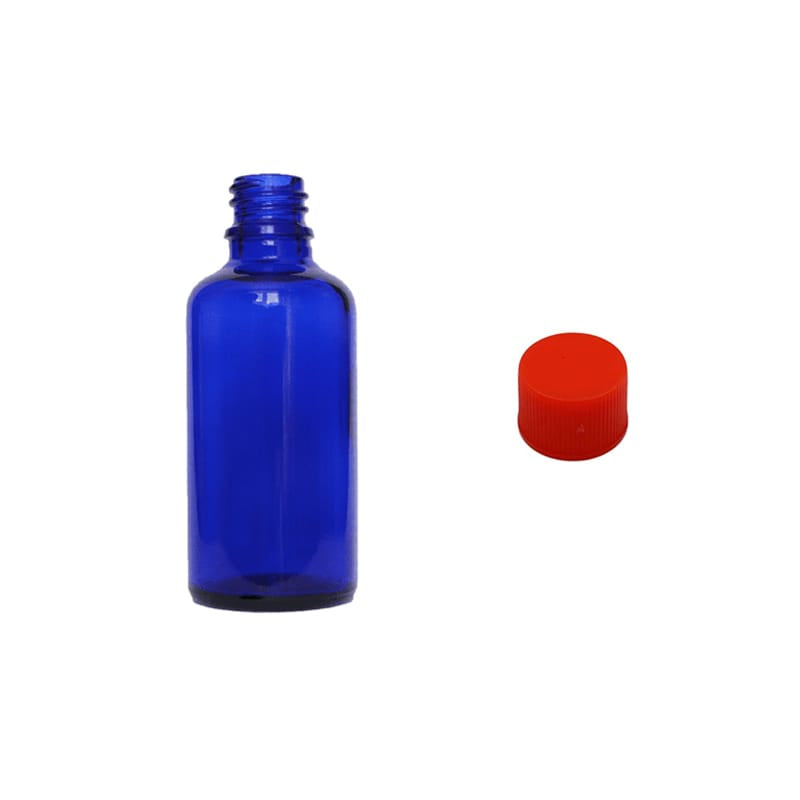 50ml Blue Glass Dropper Bottle with Red PP Wadded Cap DIN 18mm