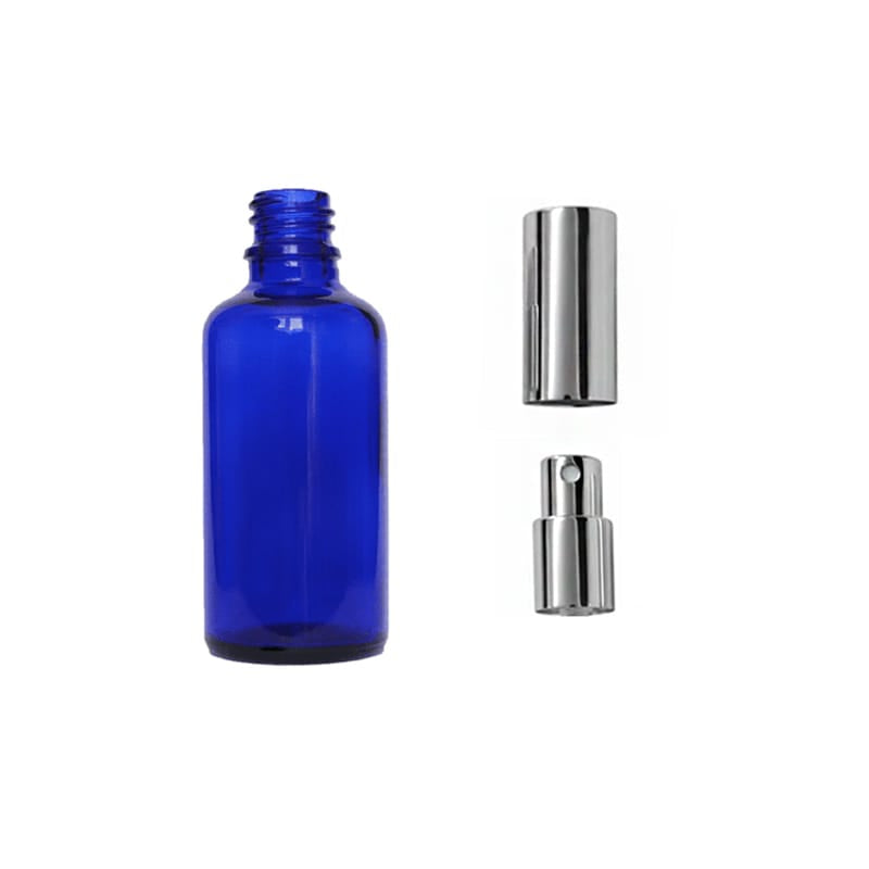 50ml Blue Glass Dropper Bottle with Silver Atomiser with Silver Over Cap - Pack of 12
