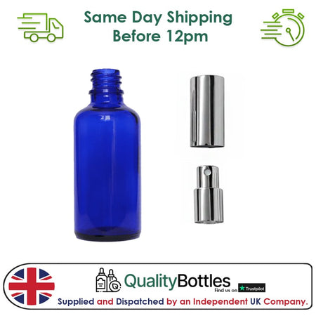 50ml Blue Glass Dropper Bottle with Silver Atomiser with Silver Over Cap - Pack of 12