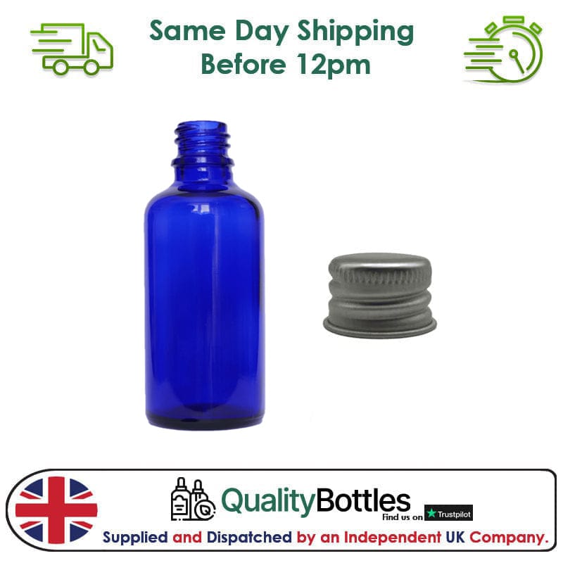 50ml Blue Glass Dropper Bottle with Silver DIN18 Cap - Pack of 12