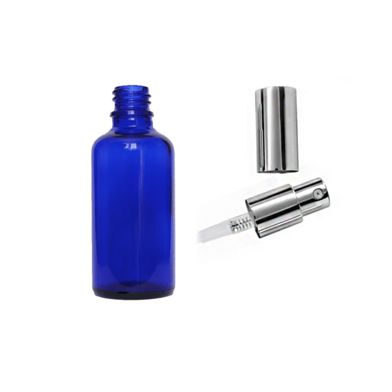 50ml Blue Glass Dropper Bottle with Silver Lotion Pump with Silver Over Cap - Pack of 12