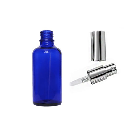 50ml Blue Glass Dropper Bottle with Silver Lotion Pump with Silver Over Cap - Pack of 12