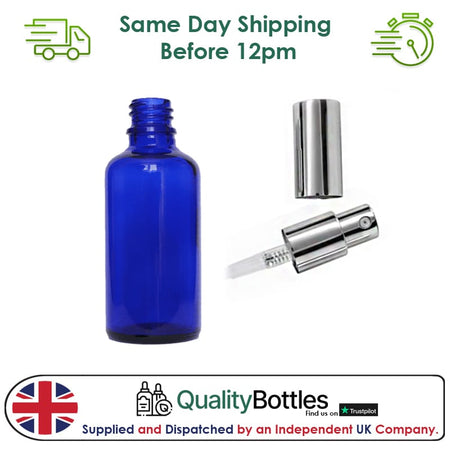 50ml Blue Glass Dropper Bottle with Silver Lotion Pump with Silver Over Cap - Pack of 12