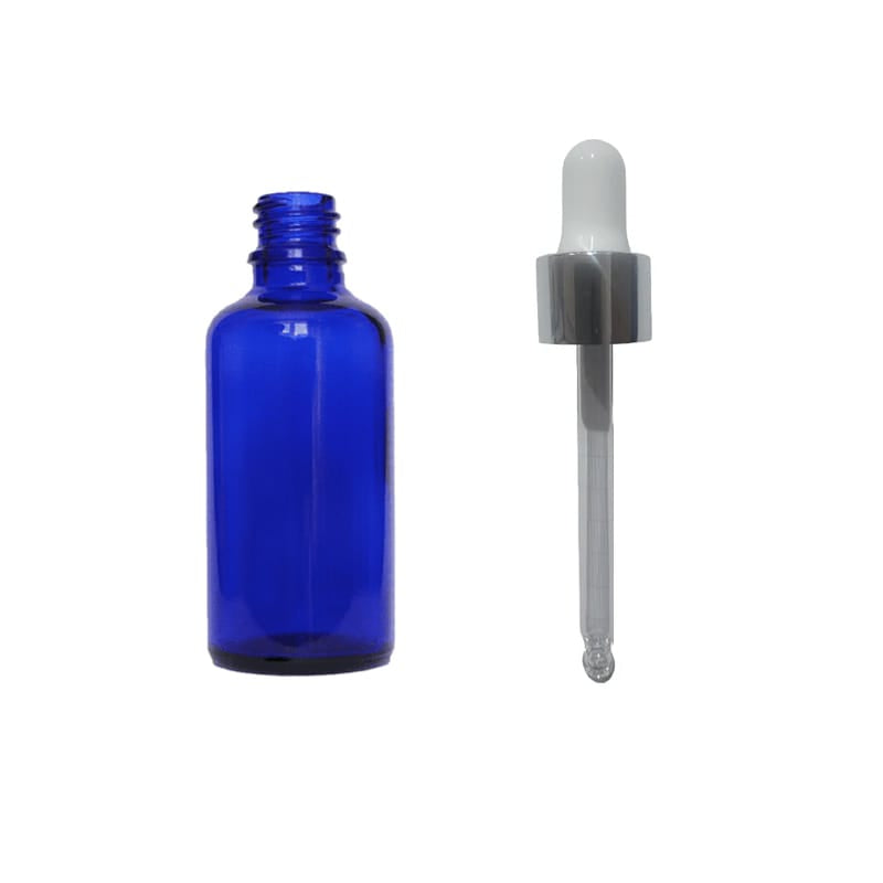 50ml Blue Glass Dropper Bottle with Silver & White Dropper - Pack of 12