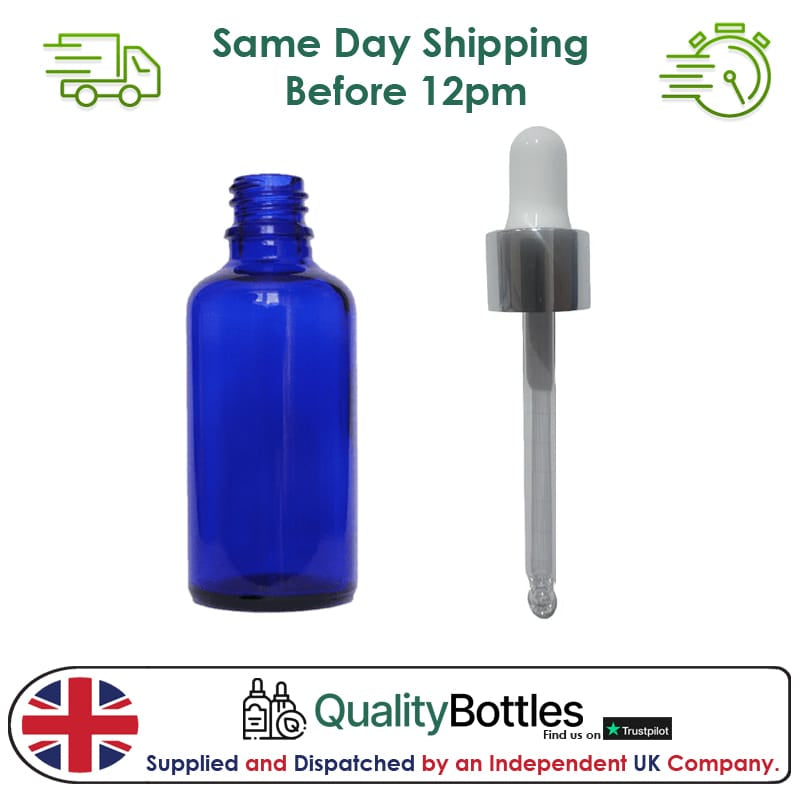50ml Blue Glass Dropper Bottle with Silver & White Dropper - Pack of 12