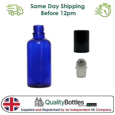 50ml Blue Glass Dropper Bottle with Stainless Steel Roller Ball and Gloss Black Plastic Cap - Pack of 12