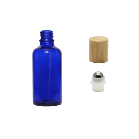 50ml Blue Glass Dropper Bottle with Stainless Steel Roller Ball Insert with Bamboo Cap - Pack of 12