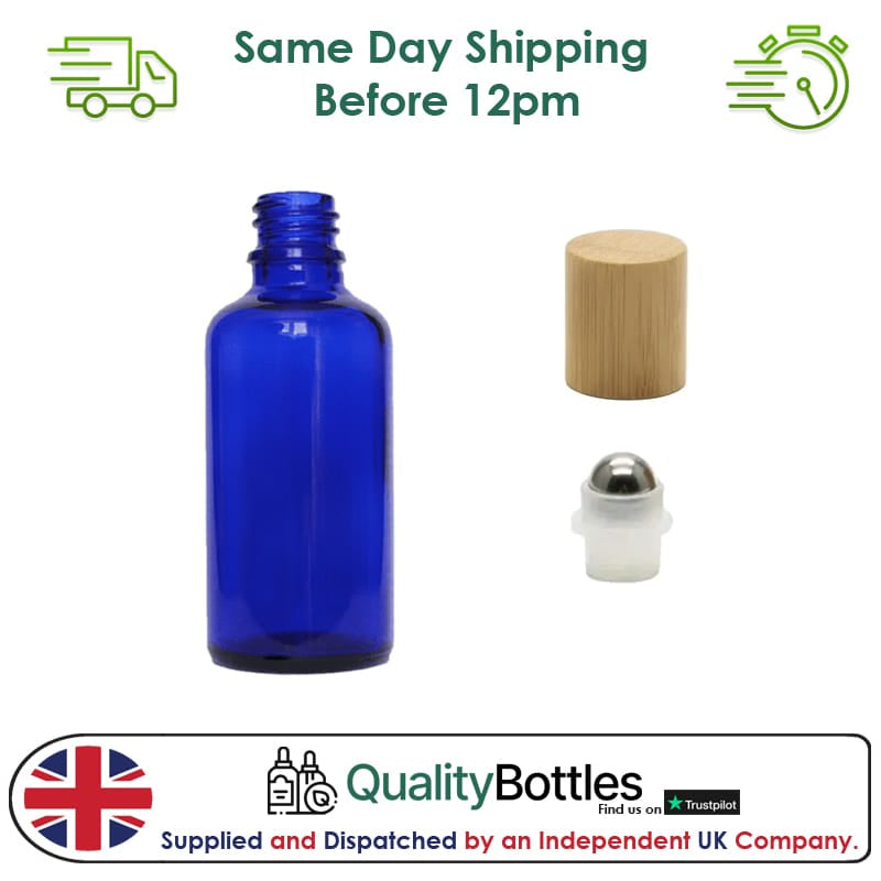 50ml Blue Glass Dropper Bottle with Stainless Steel Roller Ball Insert with Bamboo Cap - Pack of 12
