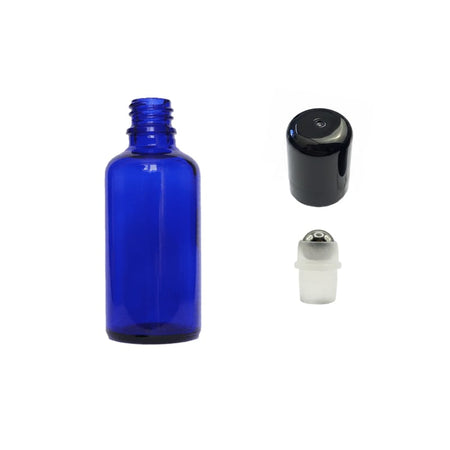 50ml Blue Glass Dropper Bottle with Stainless Steel Roller Ball with Plastic Black Cap