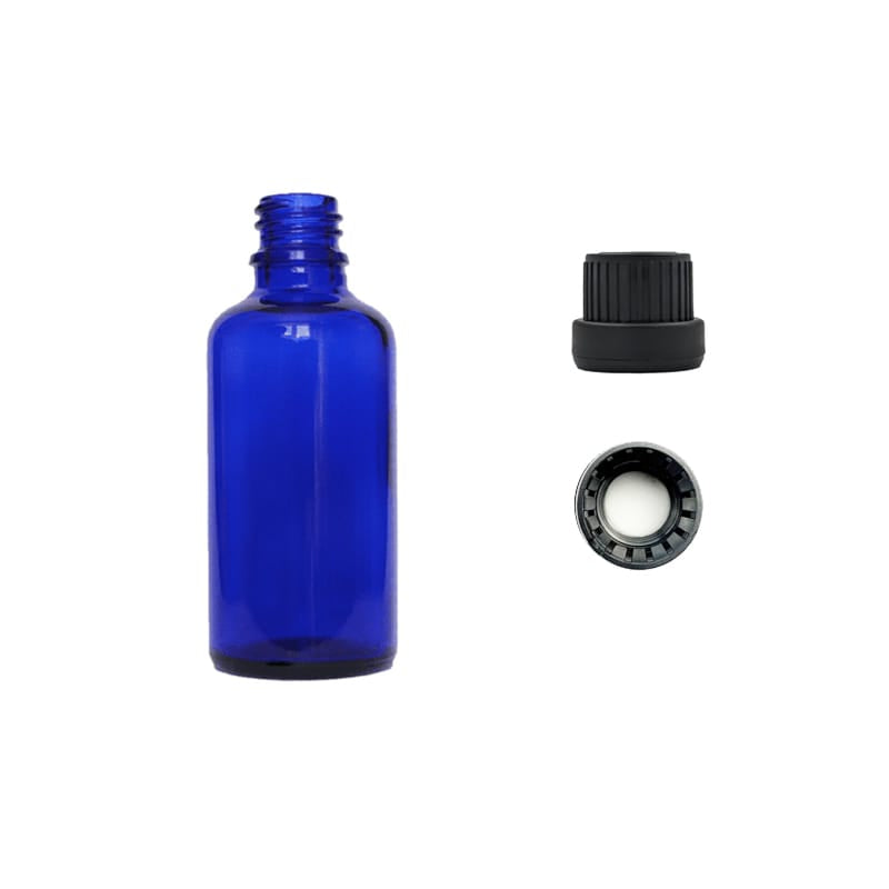 50ml Blue Glass Dropper Bottle with Tamper Evident Ribbed Black Cap and EPE Liner (Type III)