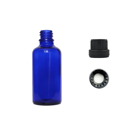 50ml Blue Glass Dropper Bottle with Tamper Evident Ribbed Black Cap and EPE Liner (Type III)