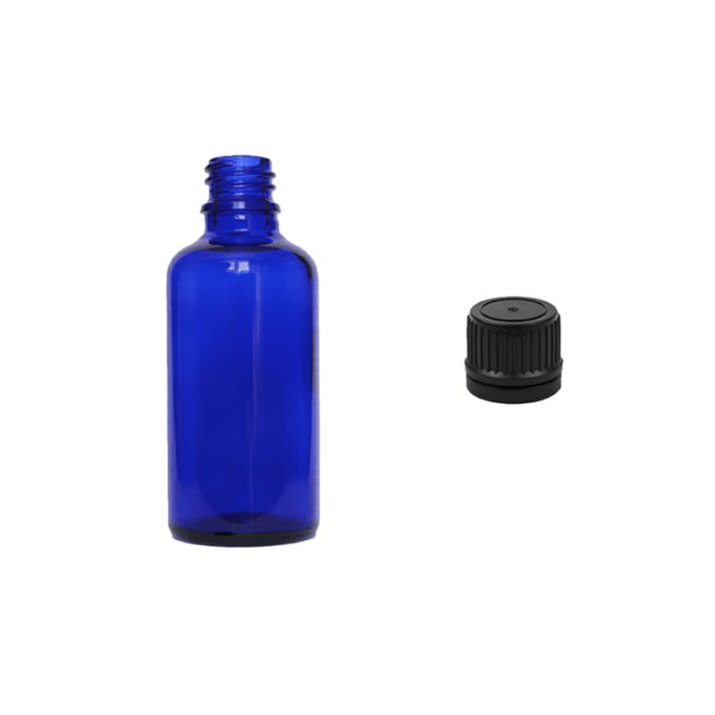 50ml Blue Glass Dropper Bottle with Tamper Evident Ribbed Black Cap (Type II)