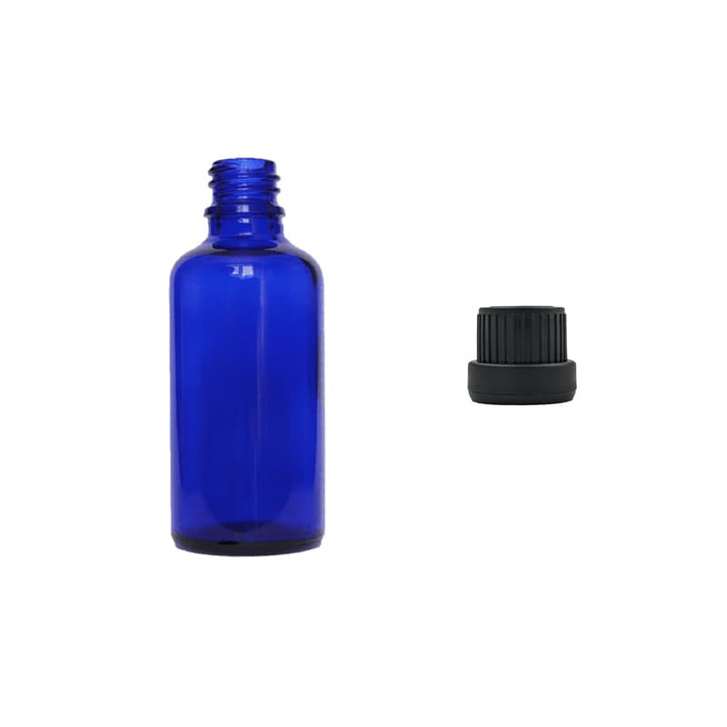 50ml Blue Glass Dropper Bottle with Tamper Evident Ribbed Black Cap (Type III)