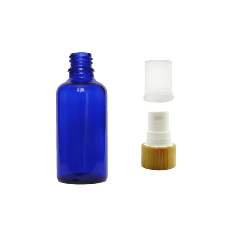 50ml Blue Glass Dropper Bottle with White Atomiser with Bamboo Collar and Clear Over Cap - Pack of 12
