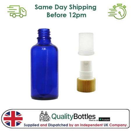 50ml Blue Glass Dropper Bottle with White Atomiser with Bamboo Collar and Clear Over Cap - Pack of 12
