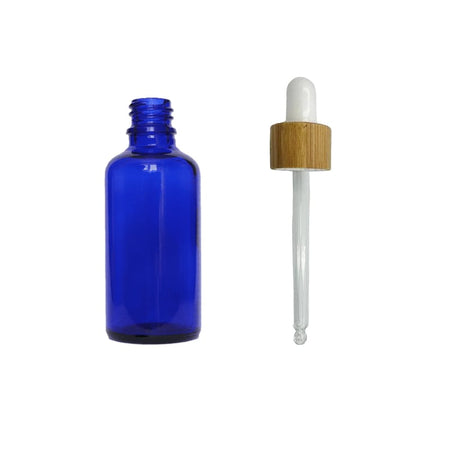 50ml Blue Glass Dropper Bottle with White Bamboo Dropper - Pack of 12