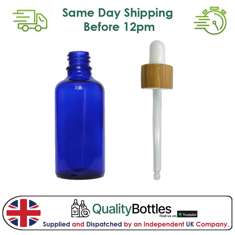 50ml Blue Glass Dropper Bottle with White Bamboo Dropper - Pack of 12