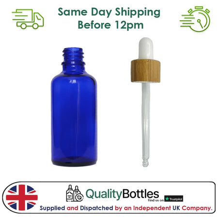 50ml Blue Glass Dropper Bottle with White Bamboo Dropper - Pack of 12