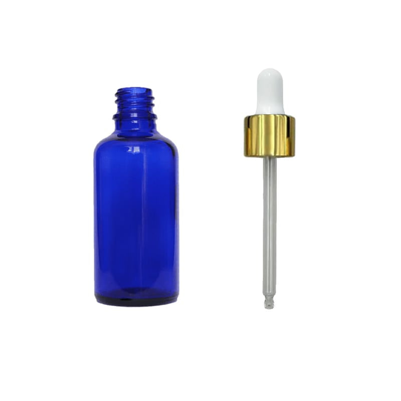 50ml Blue Glass Dropper Bottle with White & Gold Dropper