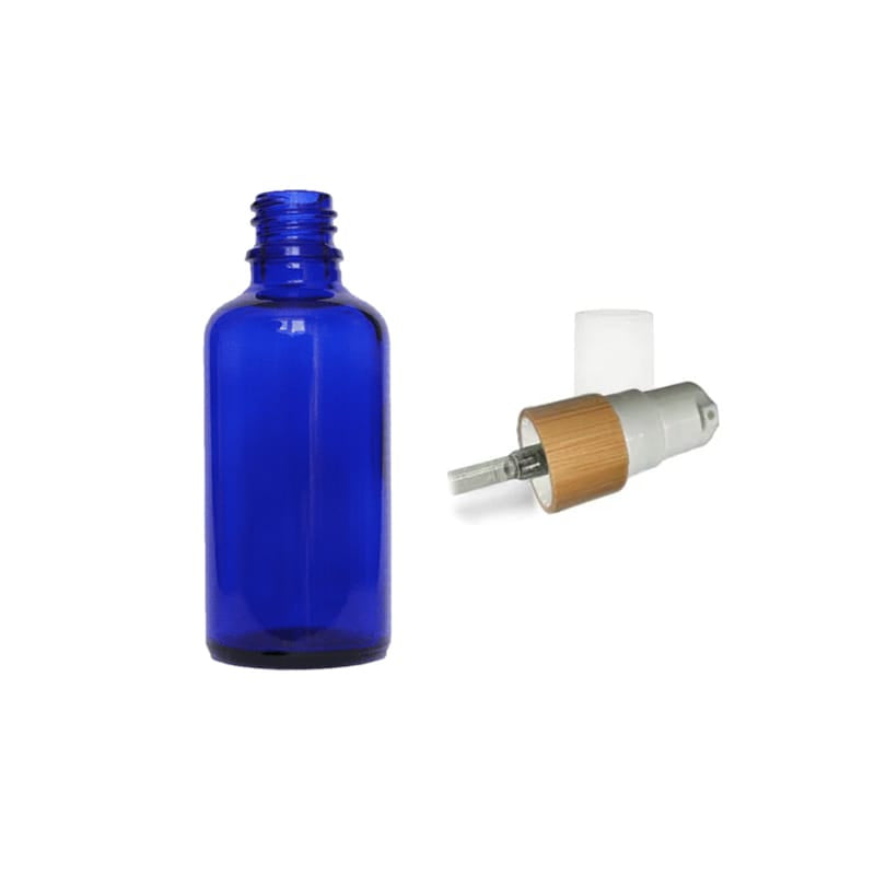 50ml Blue Glass Dropper Bottle with White Lotion Pump with Bamboo Collar and Clear Over Cap - Pack of 12