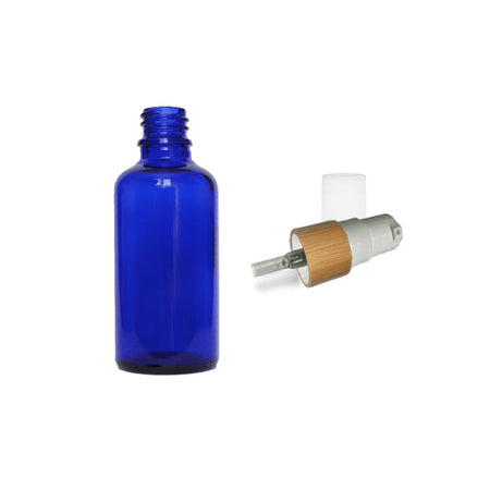 50ml Blue Glass Dropper Bottle with White Lotion Pump with Bamboo Collar and Clear Over Cap - Pack of 12