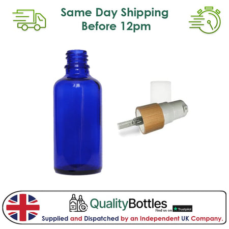 50ml Blue Glass Dropper Bottle with White Lotion Pump with Bamboo Collar and Clear Over Cap - Pack of 12