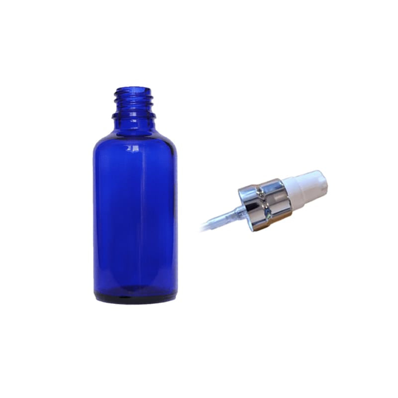 50ml Blue Glass Dropper Bottle with White Lotion Pump with Silver Collar and Clear Over Cap - Pack of 12