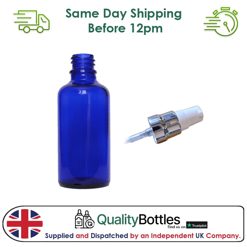 50ml Blue Glass Dropper Bottle with White Lotion Pump with Silver Collar and Clear Over Cap - Pack of 12