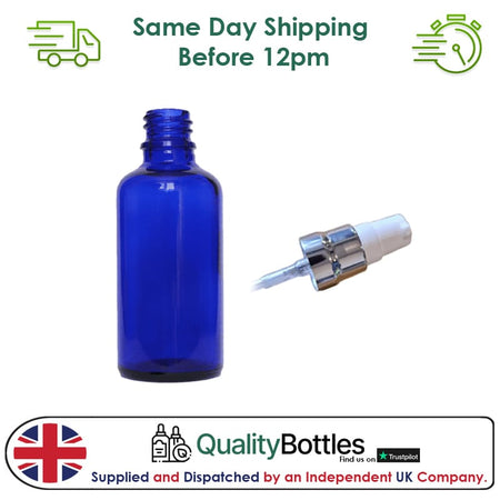 50ml Blue Glass Dropper Bottle with White Lotion Pump with Silver Collar and Clear Over Cap - Pack of 12