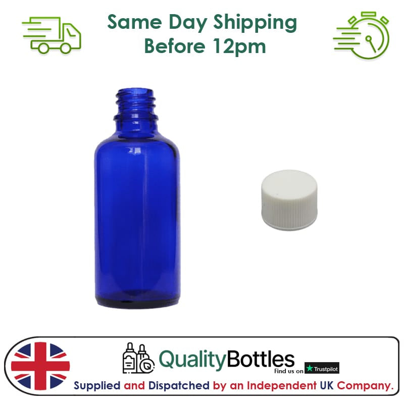 50ml Blue Glass Dropper Bottle with White PP Wadded Cap DIN 18mm - Pack of 12