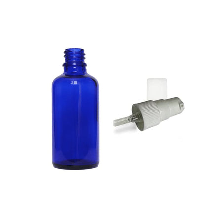 50ml Blue Glass Dropper Bottle with White Tamper Evident Lotion Pump and Clear Over Cap (Type III) - Pack of 12
