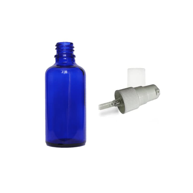 50ml Blue Glass Dropper Bottle with White Tamper Evident Lotion Pump and Clear Over Cap (Type III) - Pack of 12