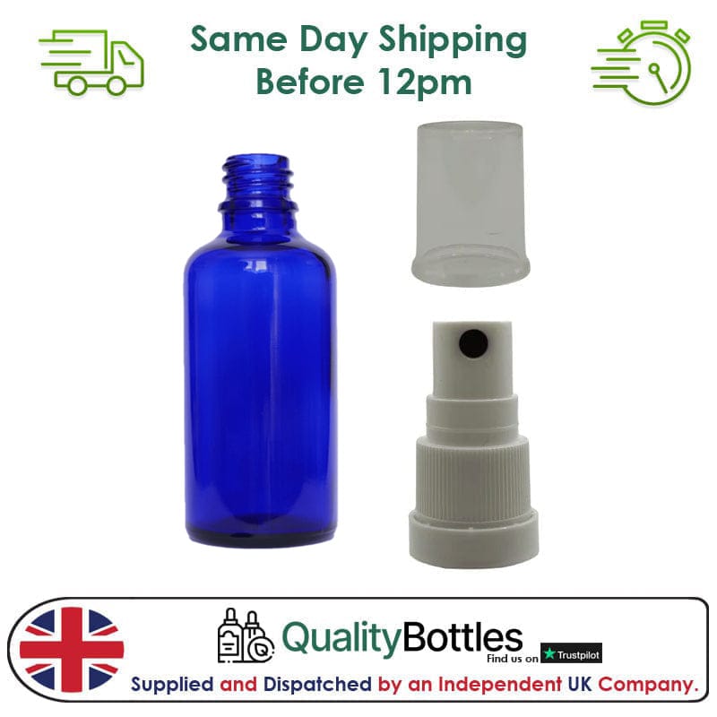 50ml Blue Glass Dropper Bottle with White TE Atomiser - Pack of 12