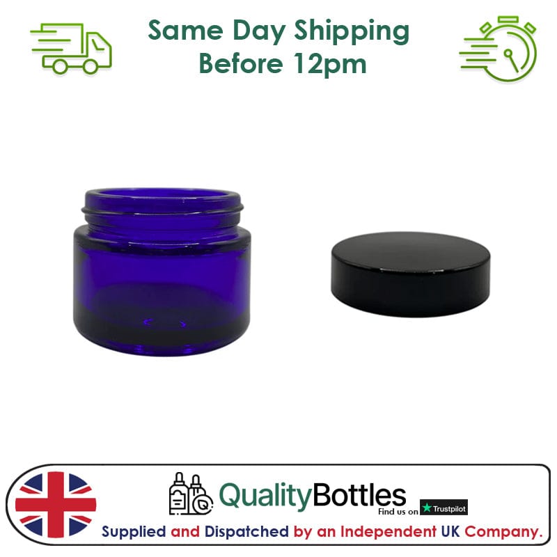 50ml Blue Glass Jar With Black ABS Lid - Pack of 15