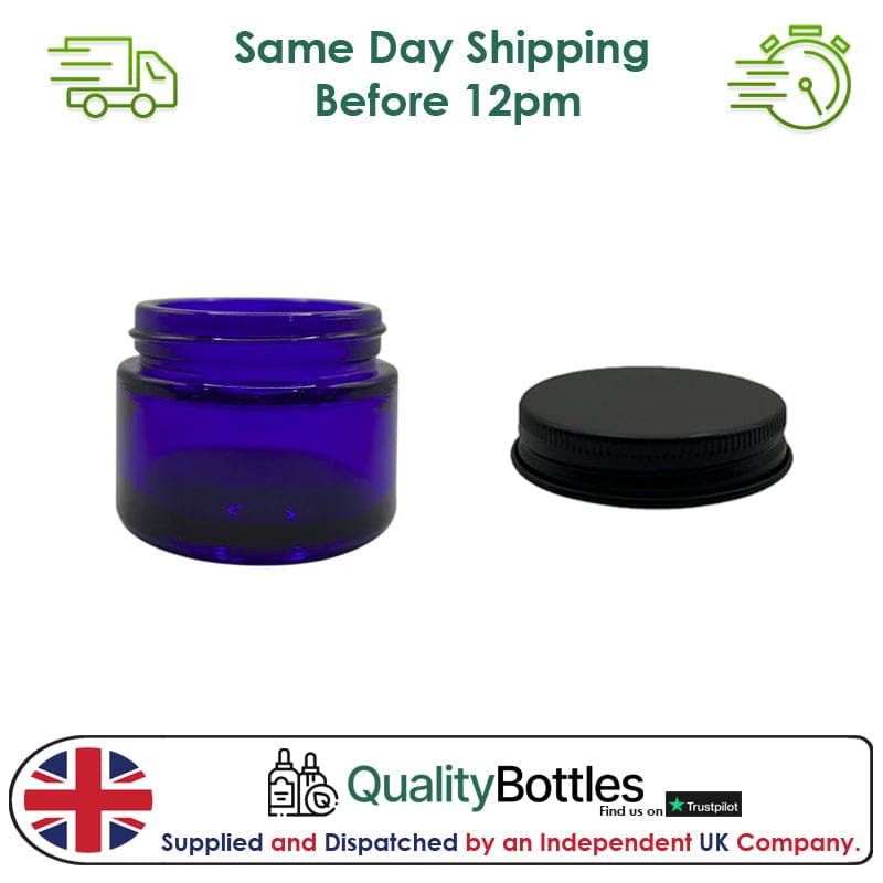 50ml Blue Glass Jar With Matte Black Aluminium Lid - Pack of 15