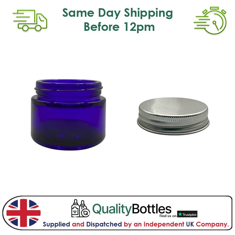 50ml Blue Glass Jar With Silver Aluminium Lid - Pack of 15
