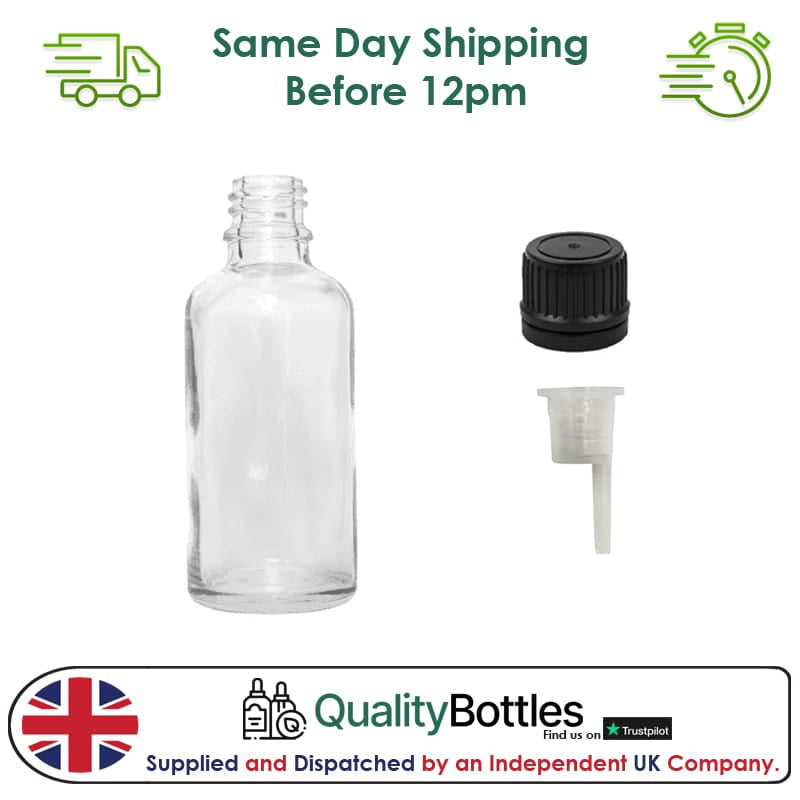 50ml Clear Glass Dropper Bottle with 0.6mm Dripper Insert and Tamper Evident Black Cap (Type II) - Pack of 12