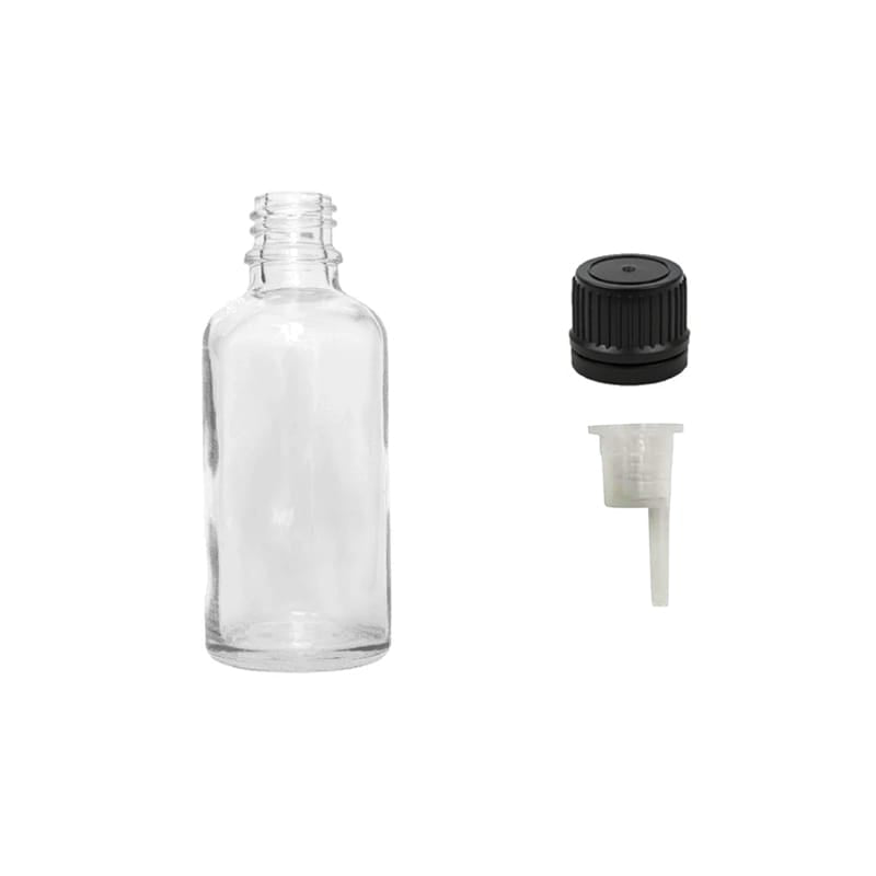 50ml Clear Glass Dropper Bottle with 0.6mm Dripper Insert and Tamper Evident Black Cap (Type II)