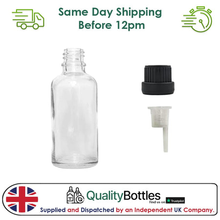 50ml Clear Glass Dropper Bottle with 0.6mm Dripper Insert and Tamper Evident Black Cap (Type III) - Pack of 12