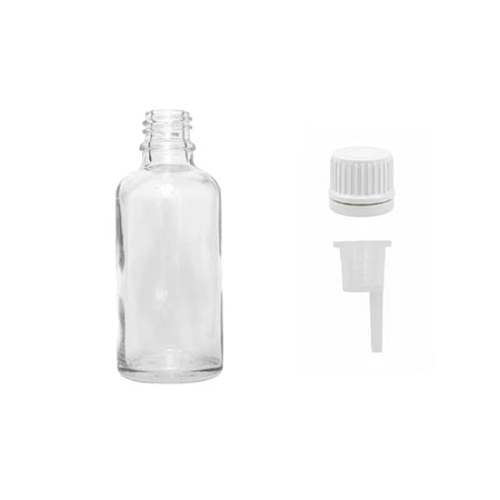 50ml Clear Glass Dropper Bottle with 0.6mm Dripper Insert and Tamper Evident White Cap (Type II)