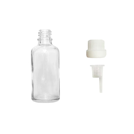 50ml Clear Glass Dropper Bottle with 0.6mm Dripper Insert and Tamper Evident White Cap (Type III)