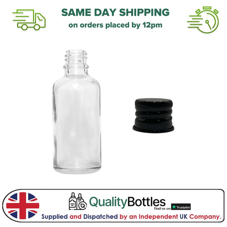50ml Clear Glass Dropper Bottle with Black Anodised Aluminium Cap - Pack of 12